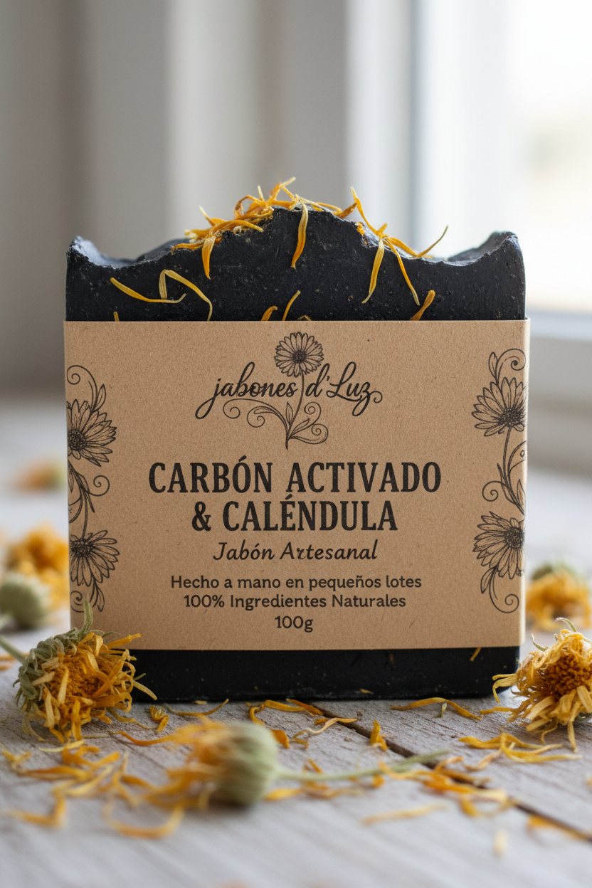 Jabón artesanal de carbón activado y caléndula con etiqueta kraft - Jabones d'Luz